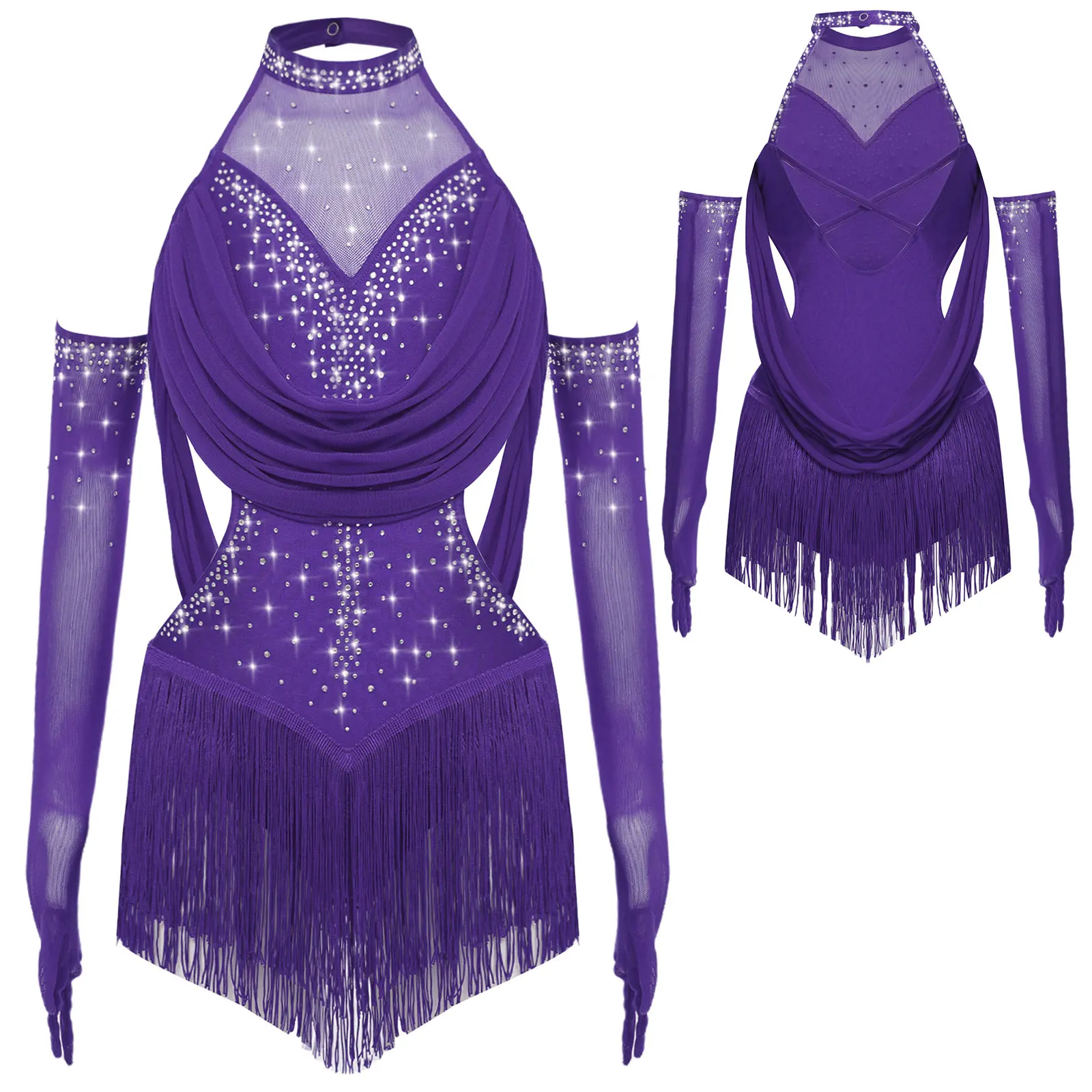 

Girls Latin Dance Dress Costume Ruched Mesh Drapes Cutout Bodysuit Tassel Glittery Rhinestones Leotard with 1 Pair Mesh Gloves