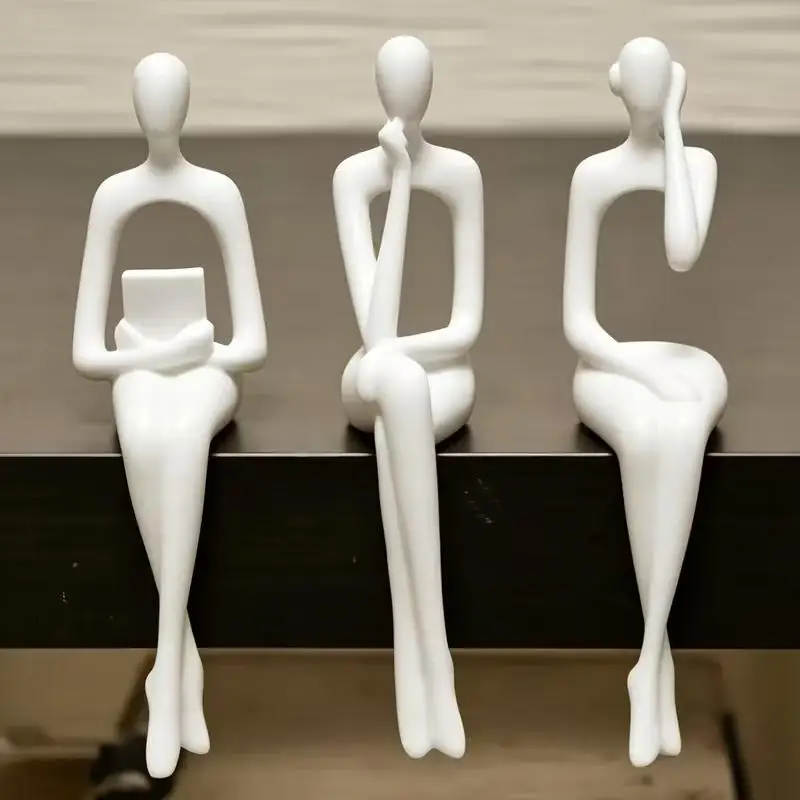 3Pcs Minimalist Abstract Sitting Human Sculpture Set Long Leg Handmade Edge Sitter Thinking Figurine 3D Printed Plastic Decor