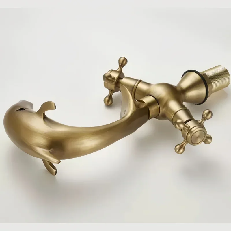 Bathroom Faucet Dolphin Shape Dual Handles Bathrooml Sink Faucet Antique Brass Deck Mount Lavatory Sink Faucets Mixer