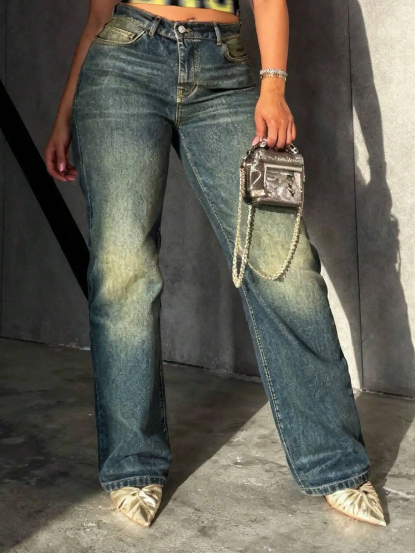 

Women's High Waist Wide Leg Washed Denim Jeans with Cat Whisker Detail, Casual Non-Stretch Pants