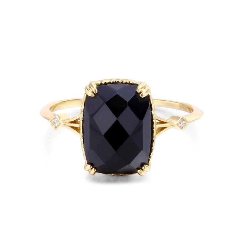 Designer faceted craftsmanship silver inlaid black agate opening adjustable ring elegant charm creative retro  jewelry