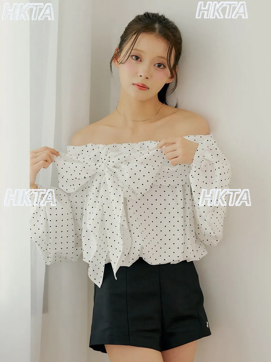 Japanese commuter temperament summer one word collar off the shoulder straps polka dot bow shirt top loose chiffon blouses women - view 2