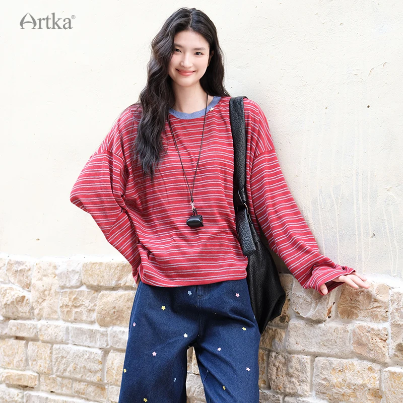 

ARTKA 2025 Autumn New Women T-shirt Fashion Casual O-Neck T-shirts Loose Long Sleeve Stripes T-shirt Female TA32056Q