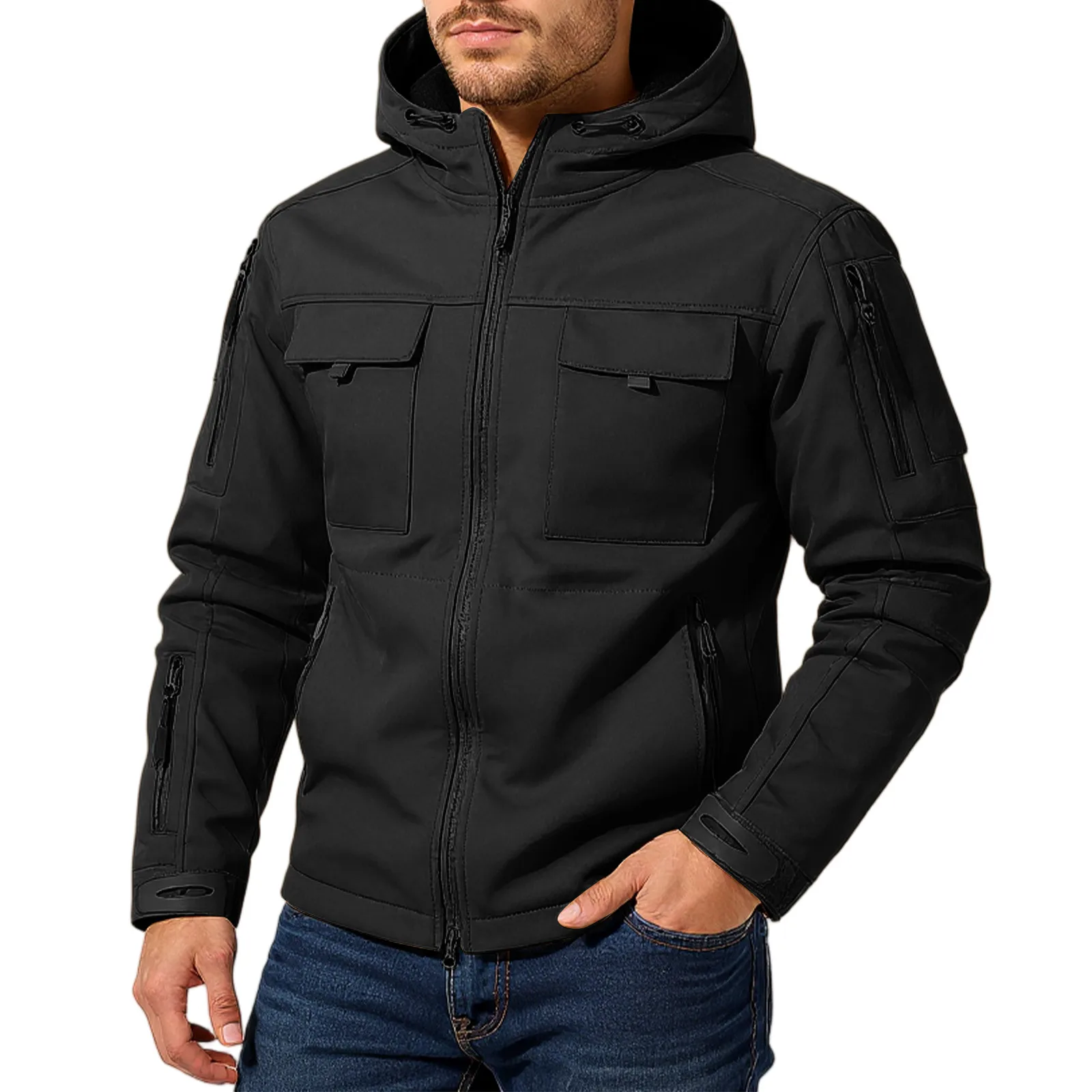 Men'S Hooded Jacket Multiple Pockets Windproof Fabric Daily Wear Autumn Winter All-Match Workwear Style Jacket Outdoor Travel
