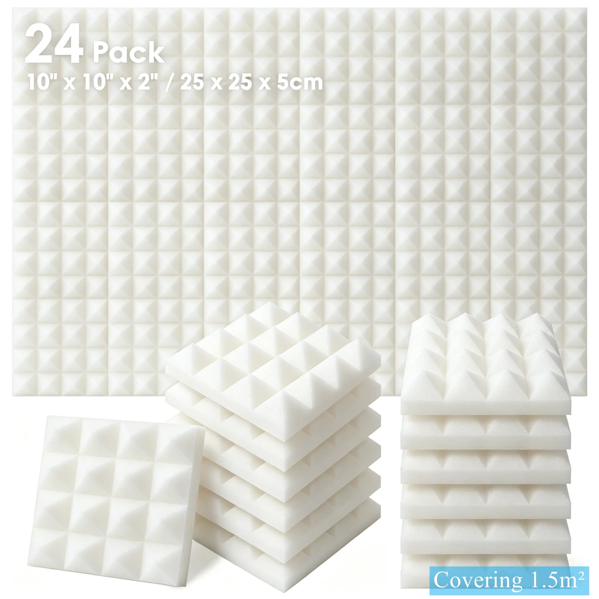 Soundproof Panels 24Pcs 25x25x5cm Studio Acoustic Foam Pyramid Noise Insulation Sound Absorption Treatment Panels White