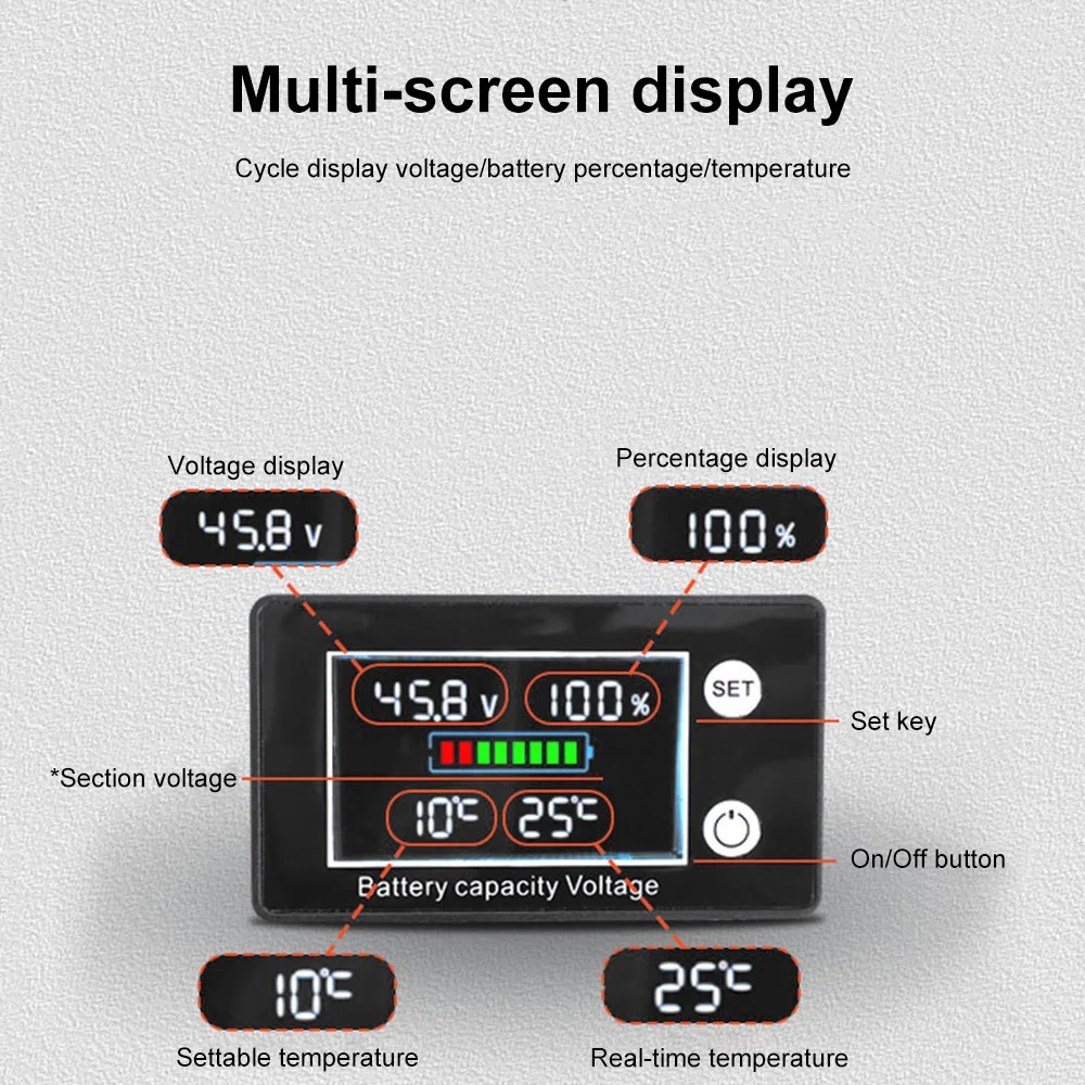 DC 10V-100V Digital Battery Voltmeter Volt Temp Battery Monitor Lead-acid Lithium Battery Capacity Indicator 12V 24V 48V 72V 84V