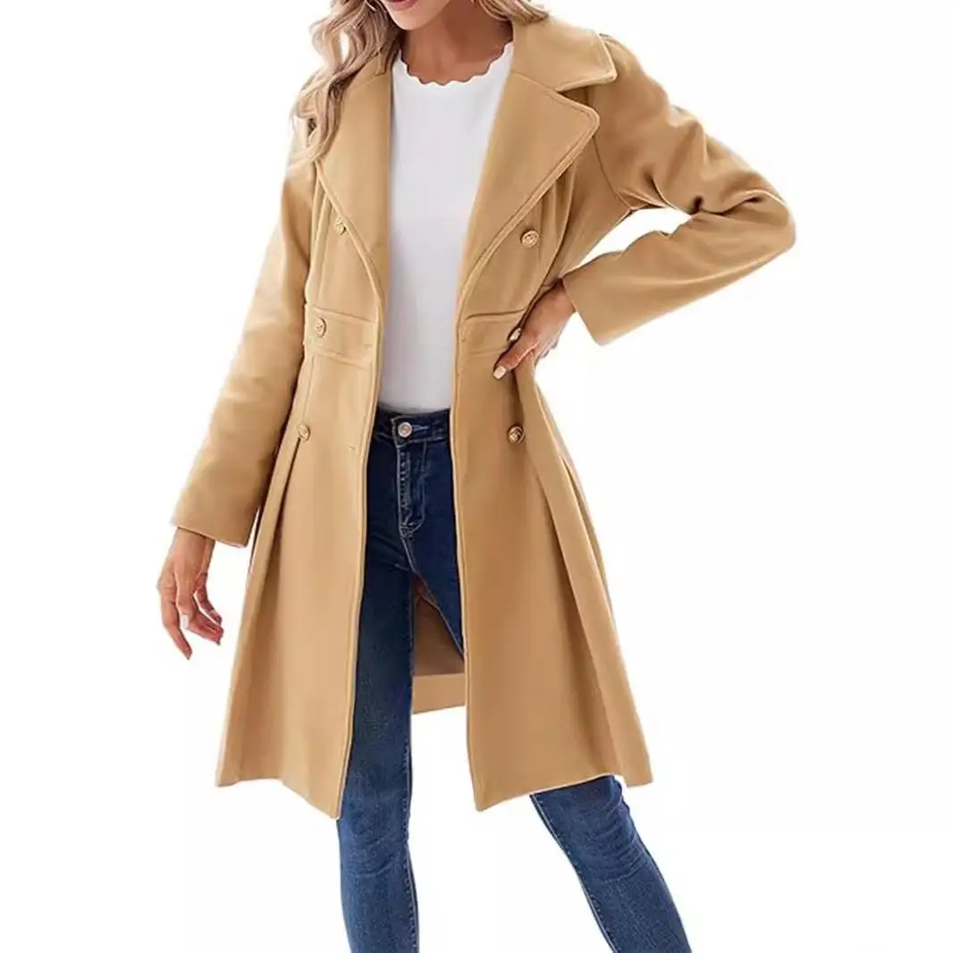 Women's Autumn Winter Double Breasted A-Line Pea Coat with Pocket Stand Collar Long Sleeve Medium Weight Fashion Outerwear