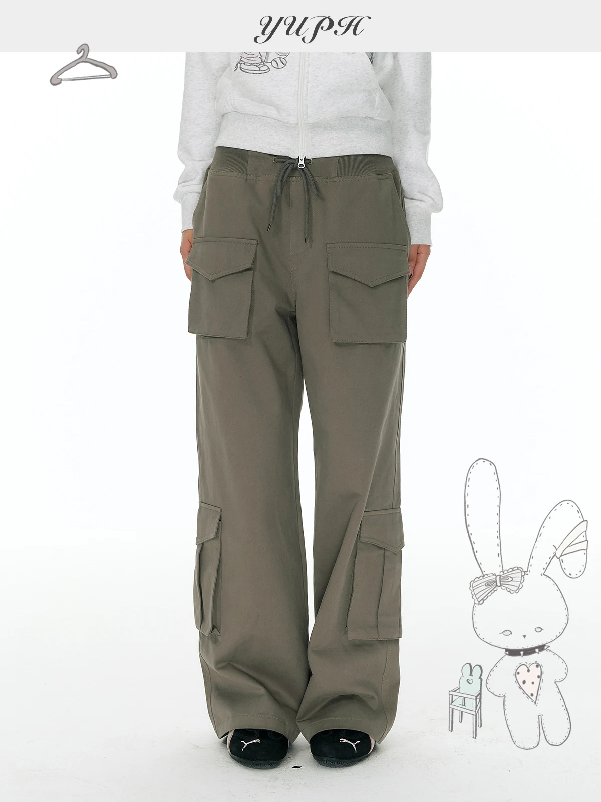 YUPH Casual Wide Leg Pants Women's Multi-Pocket Drawstring Waist Patchwork Slimming Long Trousers Workwear Style Cotton
