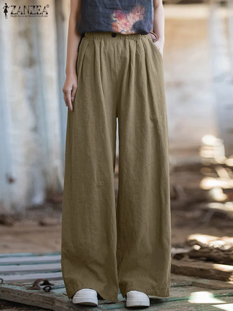 2024 ZANZEA Fashion Women Wide Leg Pants Autumn Casual Loose Pantalon Vintage Palazzo Elastic Waist Solid Long Cotton Trousers