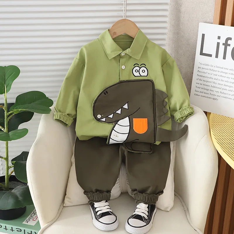 Spring Autumn Fashion Kids Clothes Sets Children Casual Clothes Boys Girls Cartoon Dinosaur Shirts + Pants 2pcs Suits 80-120cm