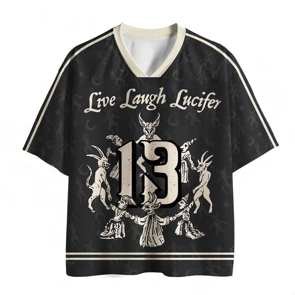 Live Laugh Lucifer Number 13 Devil Graphic Football Jersey Vintage Gothic Demon Print V Neck Black Halloween Sports Tee