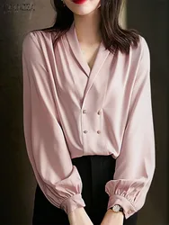 ZANZEA 2023 Fashion Office Tops Women Long Lantern Sleeve Satin Silk Blouse Elegant Solid Sexy V-Neck Shirt Autumn Buttons Blusa