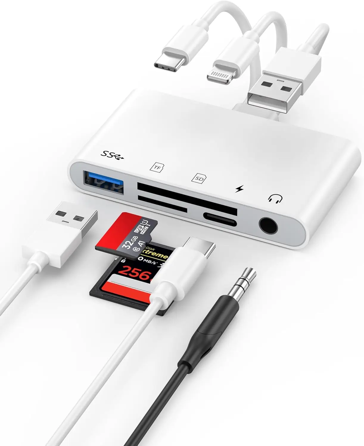 

5-in-1 USB C SD Card Reader for iPhone 16 15 14 13 12, OTG Adapter with SD/Micro SD/3.5mm Headphone/Type C Charging