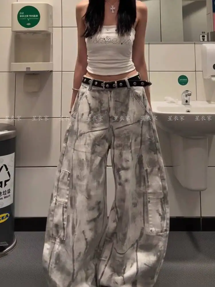 

Women's Jeans 2026 Spring Retro Distressed Dirt Washed Jeans Loose Lazy Slouchy Wide Leg Flare Floor Length Denim Pants