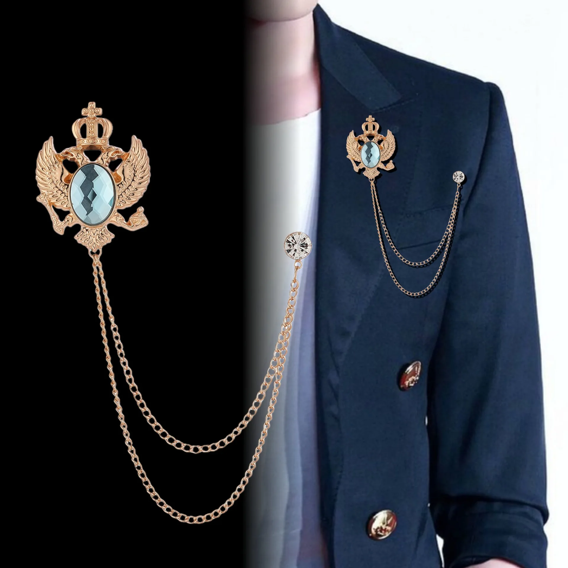 Crown Gemstone Brooch Fashion Tassel Chain Crystal Brooches Shirt Collar Lapel Pins Jewelry Gifts for Women Men Accessories