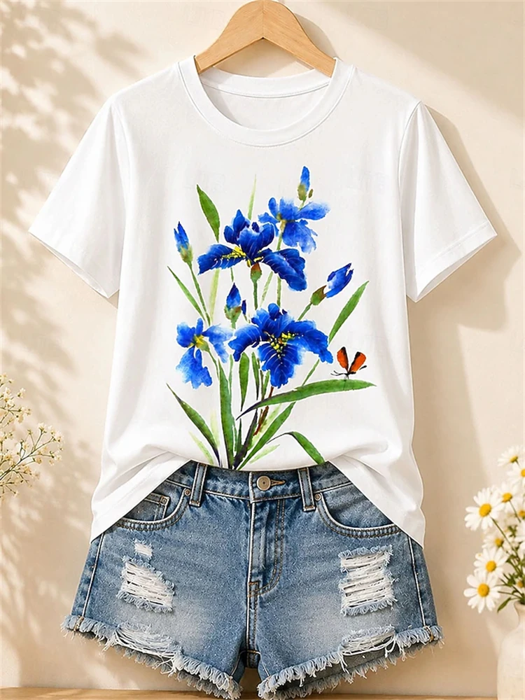 Women's Casual Round-Neck Short-Sleeve T-Shirt Simple T-Shirt with 3D Orchid Print Loose-Fitting, Breathable Women's Top