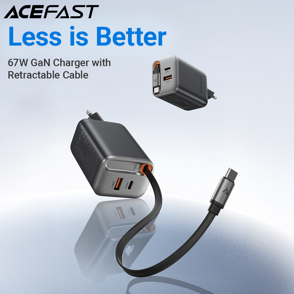ACEFAST GaN PD67W Fast Charging EU Plug Charger For iPhone 16/15 Pro Max PD Retractable Cable Quick Charging Adapter For Samsung
