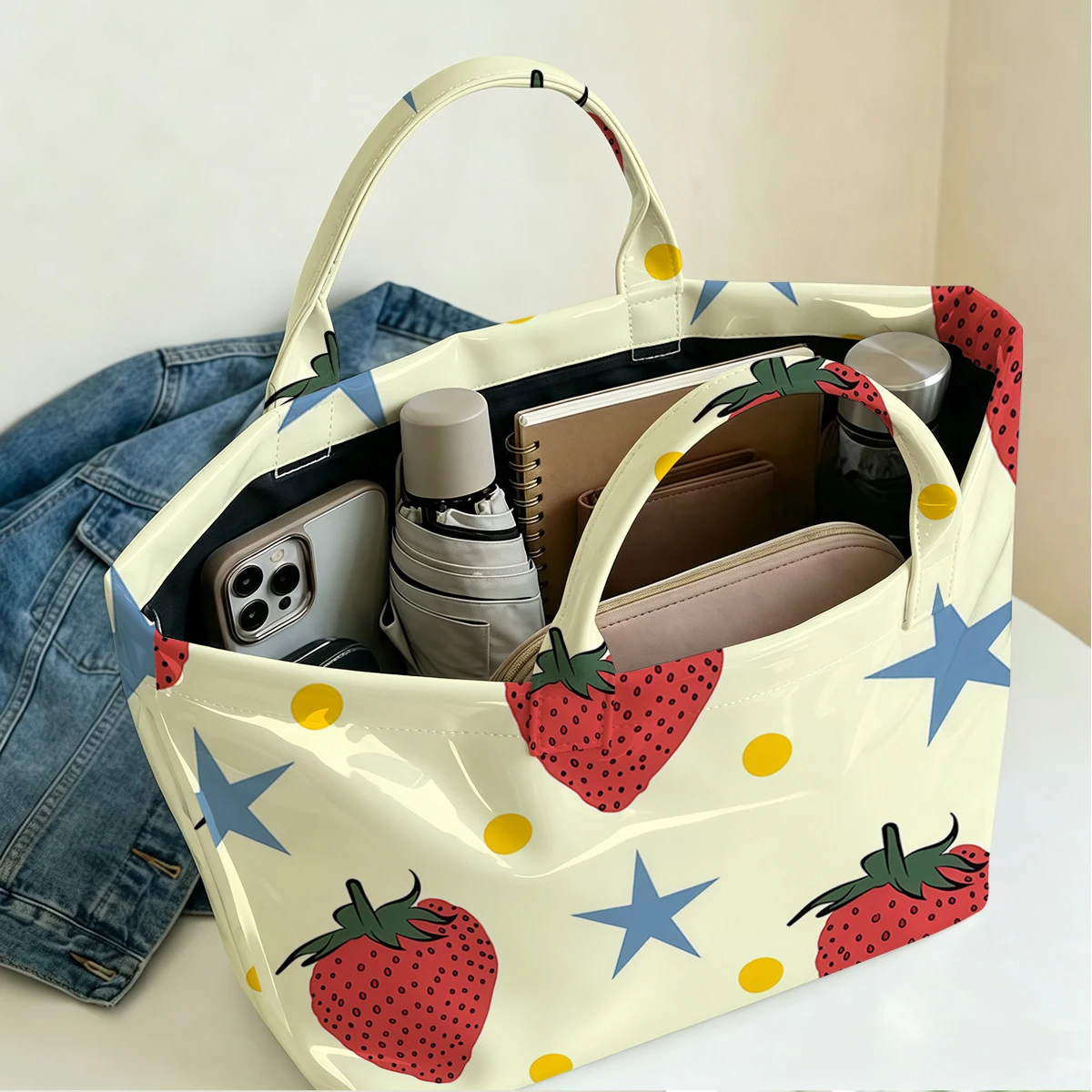 Berry Joy Large PVC Waterproof Capacity Canvas Shoulder Bag Dual Side Print Tote Bag Daily Shopping Bag Fashion Handbag