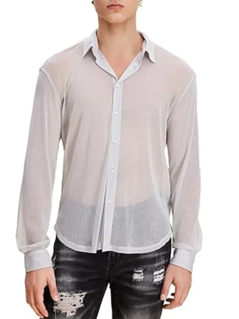 Summer White Thin Perspective Mens Shirt Breathable Casual Top Night PerformanceTop for Men