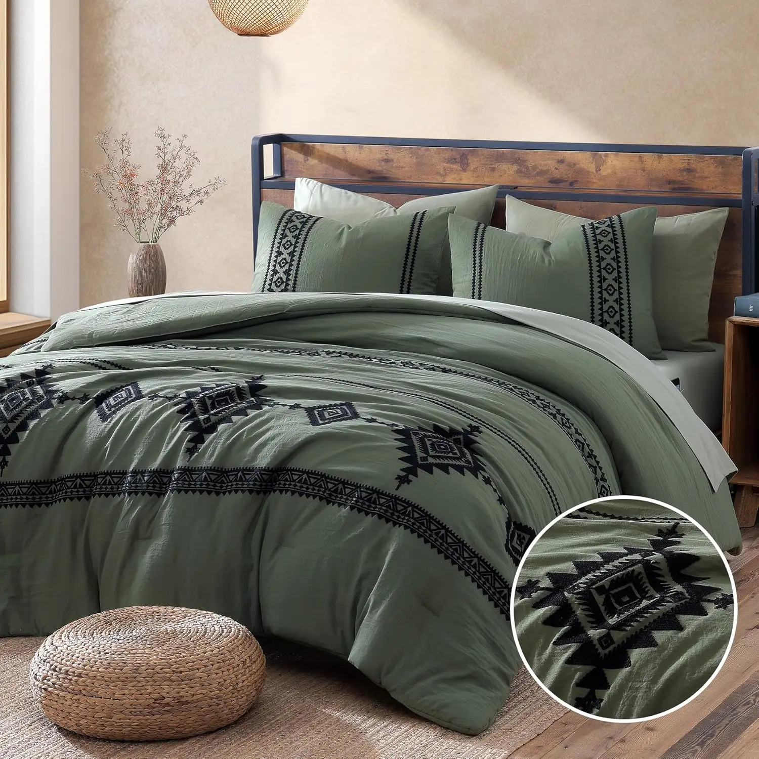 

Boho Farmhouse Embroidery Comforter Set Queen 7 Pieces Olive Green