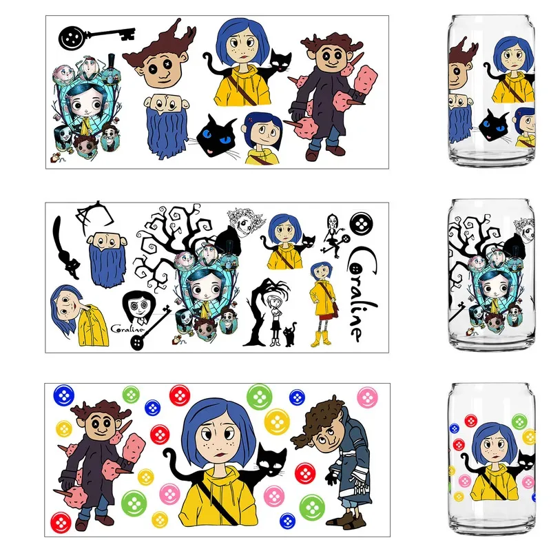 

1/5pcs 16 Style Cute Coraline Anime UV Sticker Party DIY Decals 3D transfers uvdtf tumbler seal stickers 16oz uv dtf cup wraps