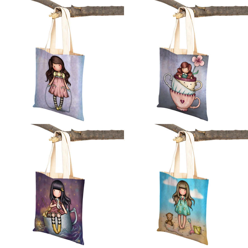 Cartoon Children Shopping Bag for Lady Both Sided Foldable Reusable Canvas Casual Cute Girl Tote Women Travel Portable Handbag