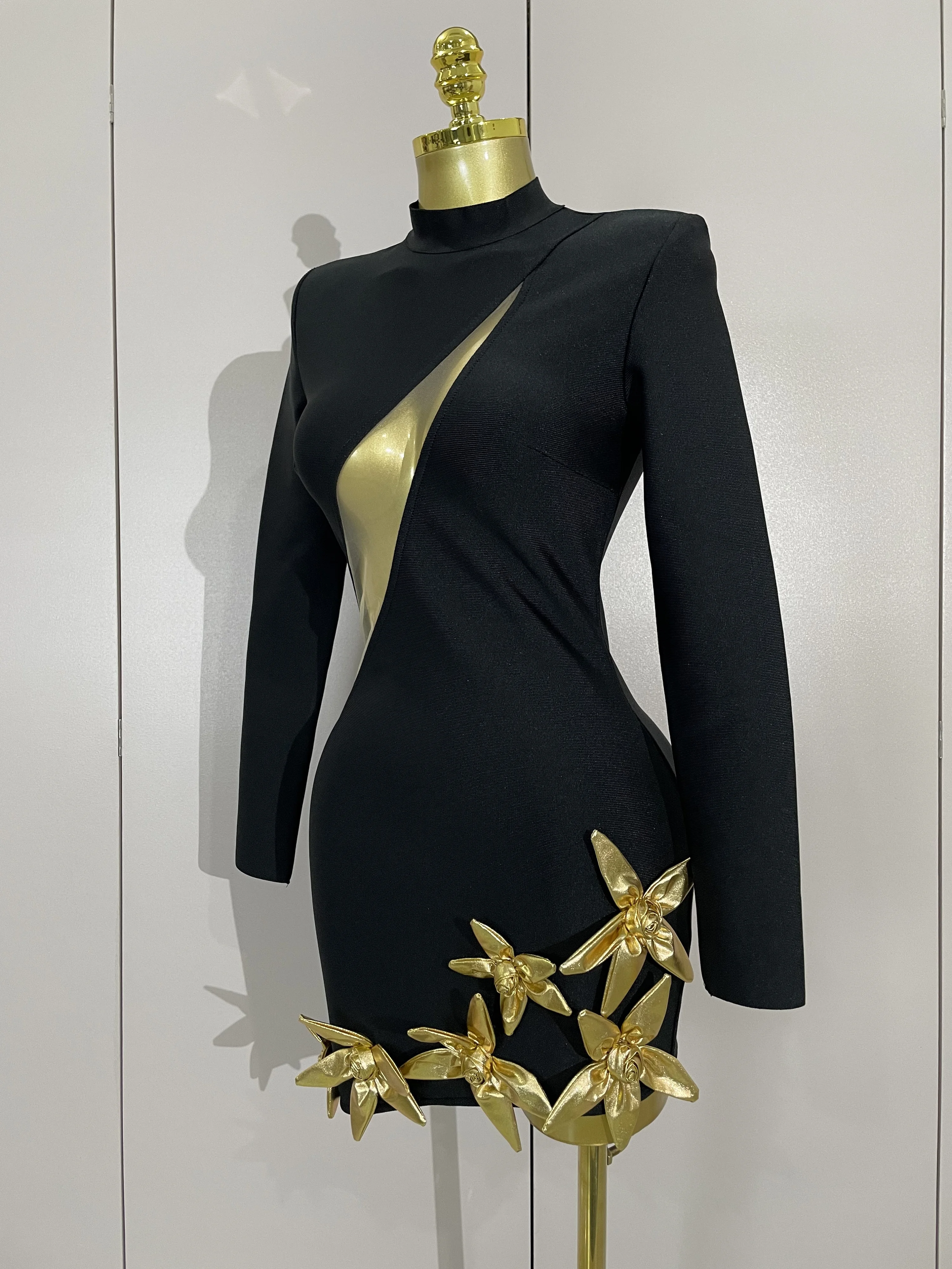 Sexy 3D Gold Flowers Black Cut Out Long Sleeves Bandage Mini Dress Women Elegant Celebrity Prom Luxury Birthday Party Dress