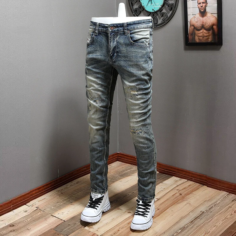 

Newly Vintage Fashion Men Jeans Retro Blue Stretch Elastic Slim Fit Ripped Jeans Men Patched Designer Casual Denim Pants Hombre