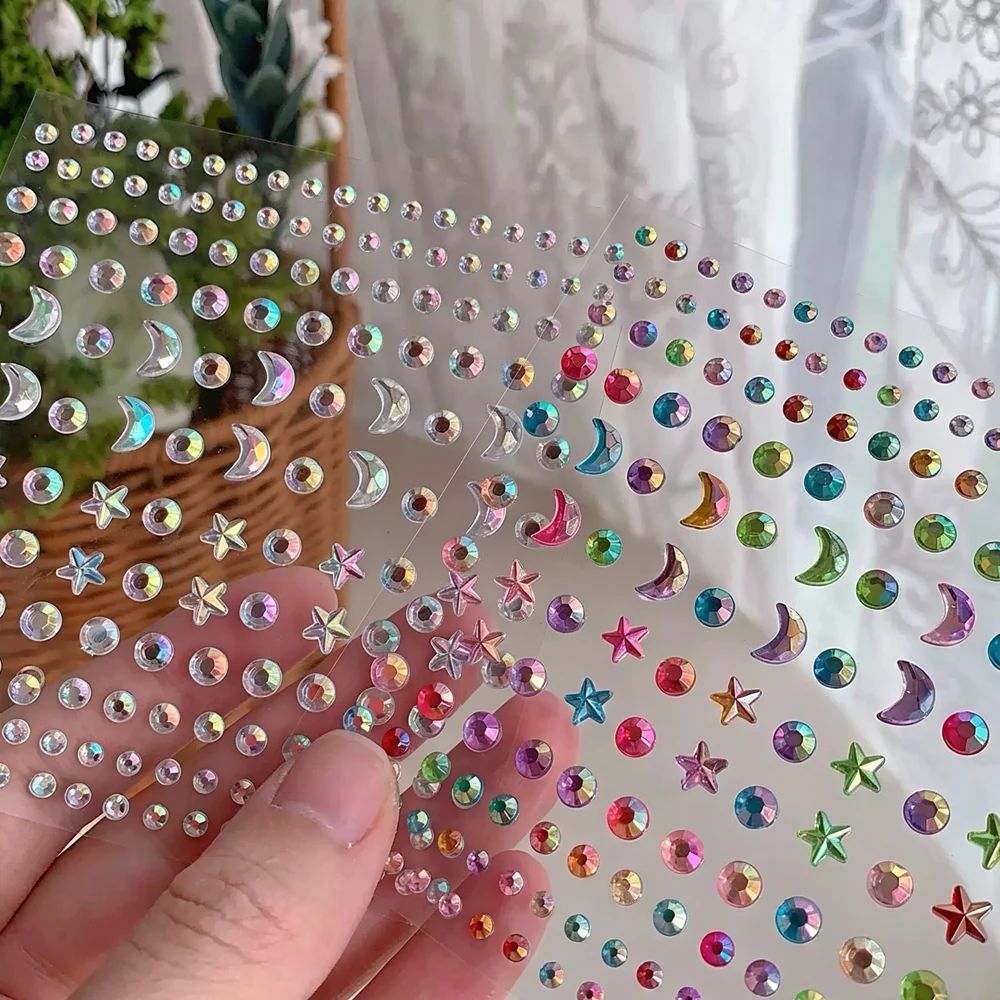 2/1Pcs Bling Star/Moon/Heart/Round Face/Body Gems Sparkling Rainbow AB Rhinestone Crystal Face Gem Sticker Festival Makeup Deco