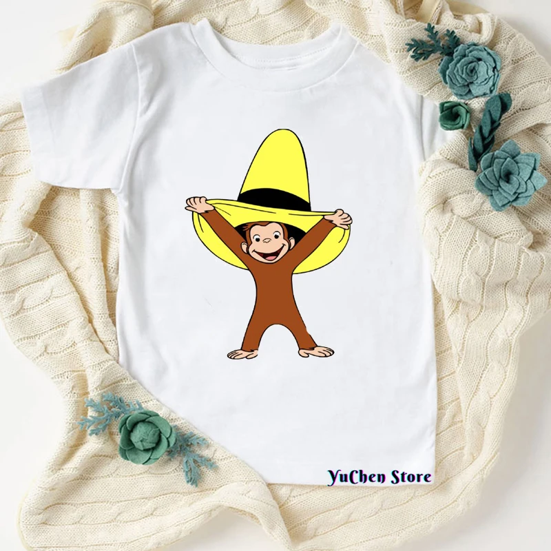 Newly Boys T-shirts Cartoon Print Under Yellow clothes Hat Monkey Kids Shirt Cute Girls T-shirts Birthday summer Tops clothing