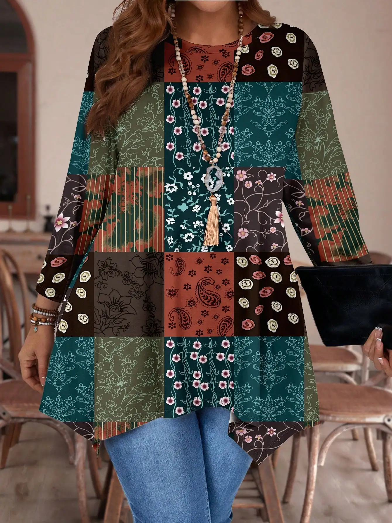 

Женская футболка больших размеров в стиле ретро с цветочным принтом, асимметричный подол, рукав 3/4, повседневный топ для осени и зимы