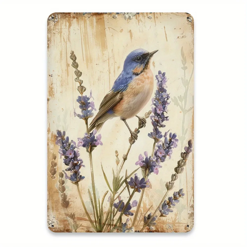 Vintage Metallschild mit Blaumeisen und Lavendel, rustikale Eisen-Wandkunst 8x12 Zoll für Garten-, Terrassen- und Wohnzimmerdekoration