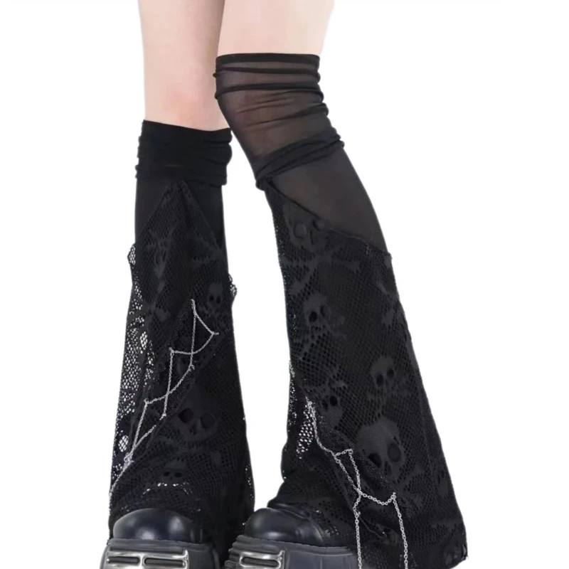 

Mesh Over Knee Leg Cover Harajuku Hollowed Skull Fishnet Flared Leg Warmer Socks