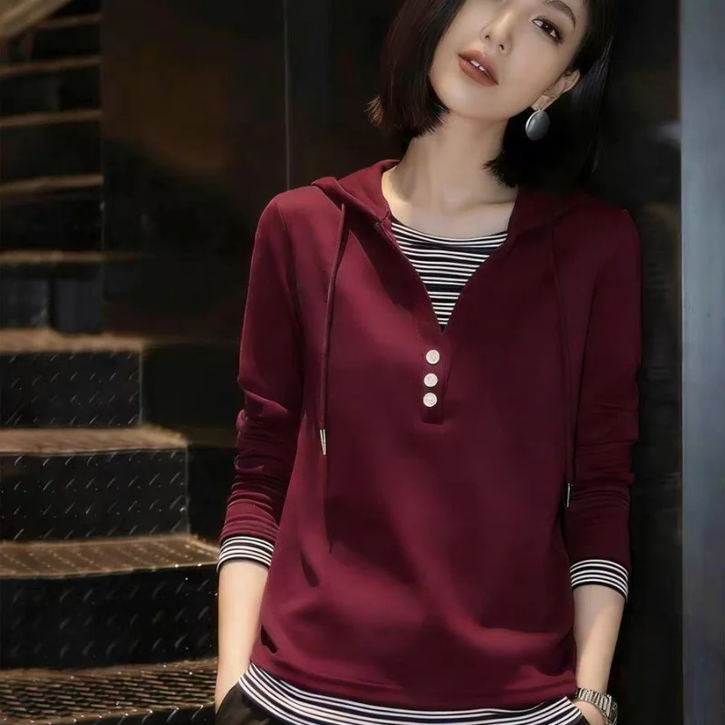 Women's Purple Hooded Pullover Sweatshirt with Striped Trim and Button Detail Loose Fit Casual Spring Summer Top