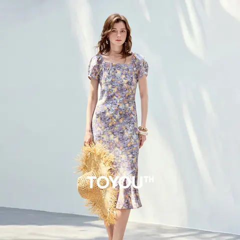 TOYOUTH Women Dress 2026 Summer New Monet Garden Vacation Oil Painting Style Elegant Square Neck Mermaid Dress