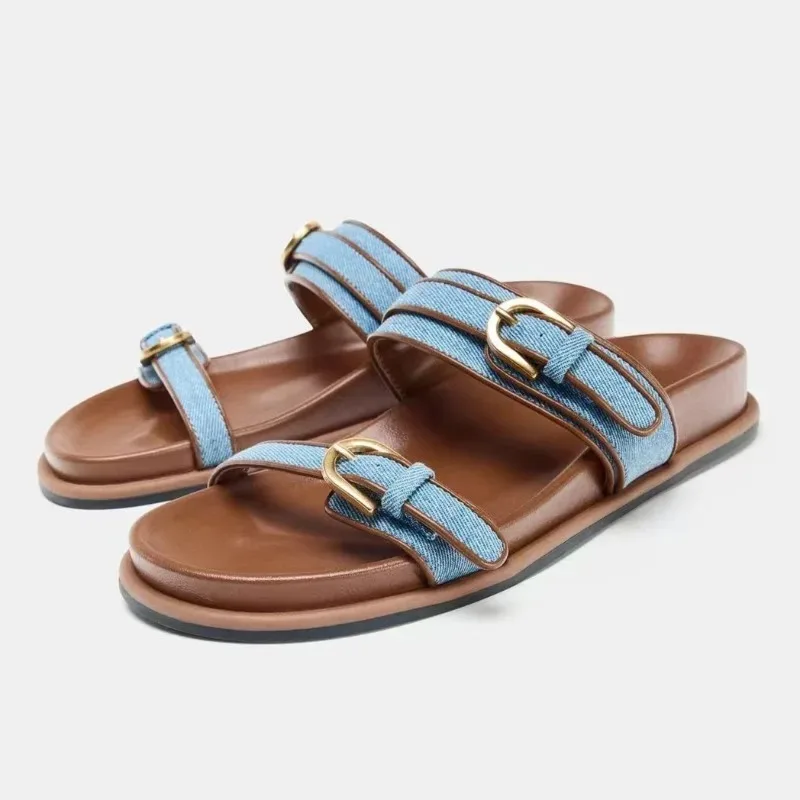 

Синие джинсовые тапочки на платформе с узким ремешком, женские новые сандалии-шлепанцы с металлической пряжкой, удобная нескользящая повседневная обувь