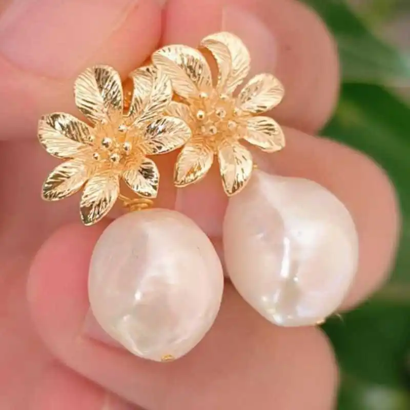 

Enormous 12-14mm Baroque Pearl Earrings 18K Gold-Plated Ear Needle Teens Women Bohemian Diamond Stud Dangle Art Ear Cuff Silver