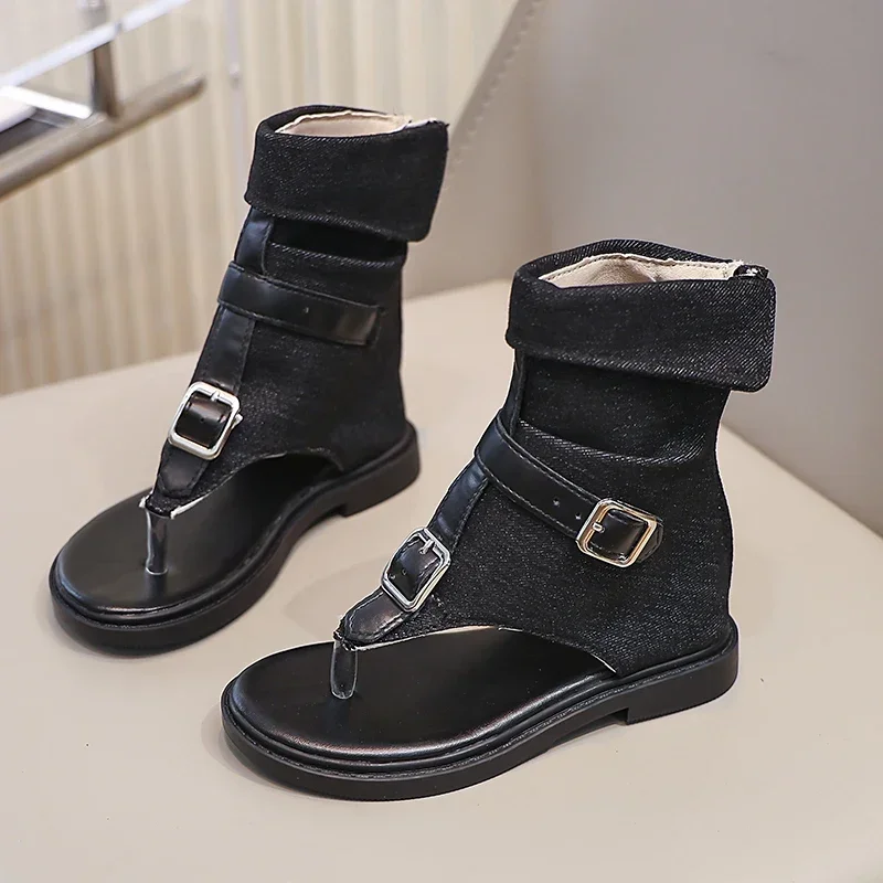 Girls Denim Flip Flops Soft Sole Children High Top Roman Shoes Peep Toe Summer Fashion Kids Short Boots All Match 2024 New