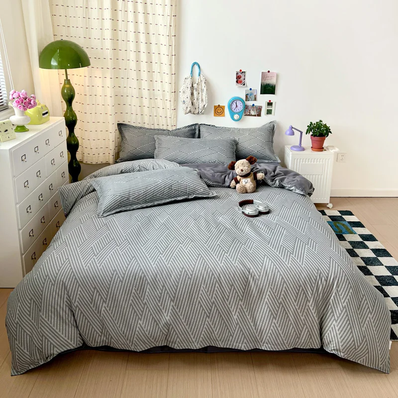 4PC Grey Geometric Bedding Set Modern Chevron Striped Duvet Cover Set with Pillowcases Soft Breathable Bed Linen for All Seasons