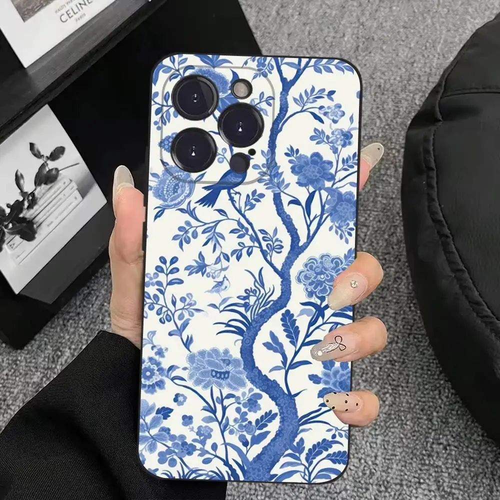 حافظة هاتف من البورسلين الأزرق والأبيض لهاتف آيفون 17,16,15,14,13,12,11,Plus,Pro Max,XS,X,XR,SE,Mini,8,7,غطاء أسود من السيليكون الناعم