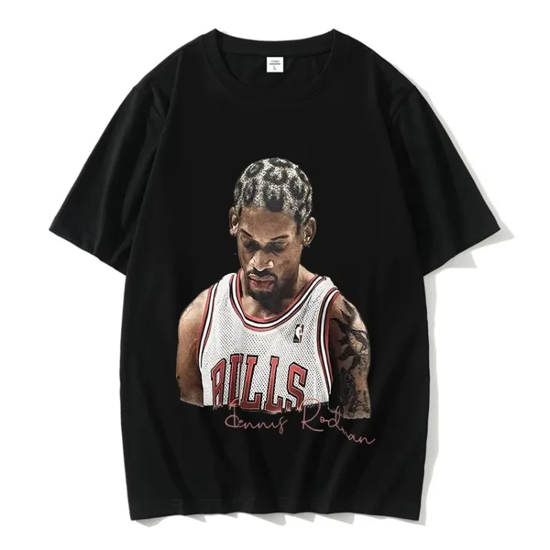 Summer Men's Leisure Basketball T-shirt, Oversized Pure Cotton Printed T-shirt Hip-hop Style Punk Fashion Bug Dennis Rodman