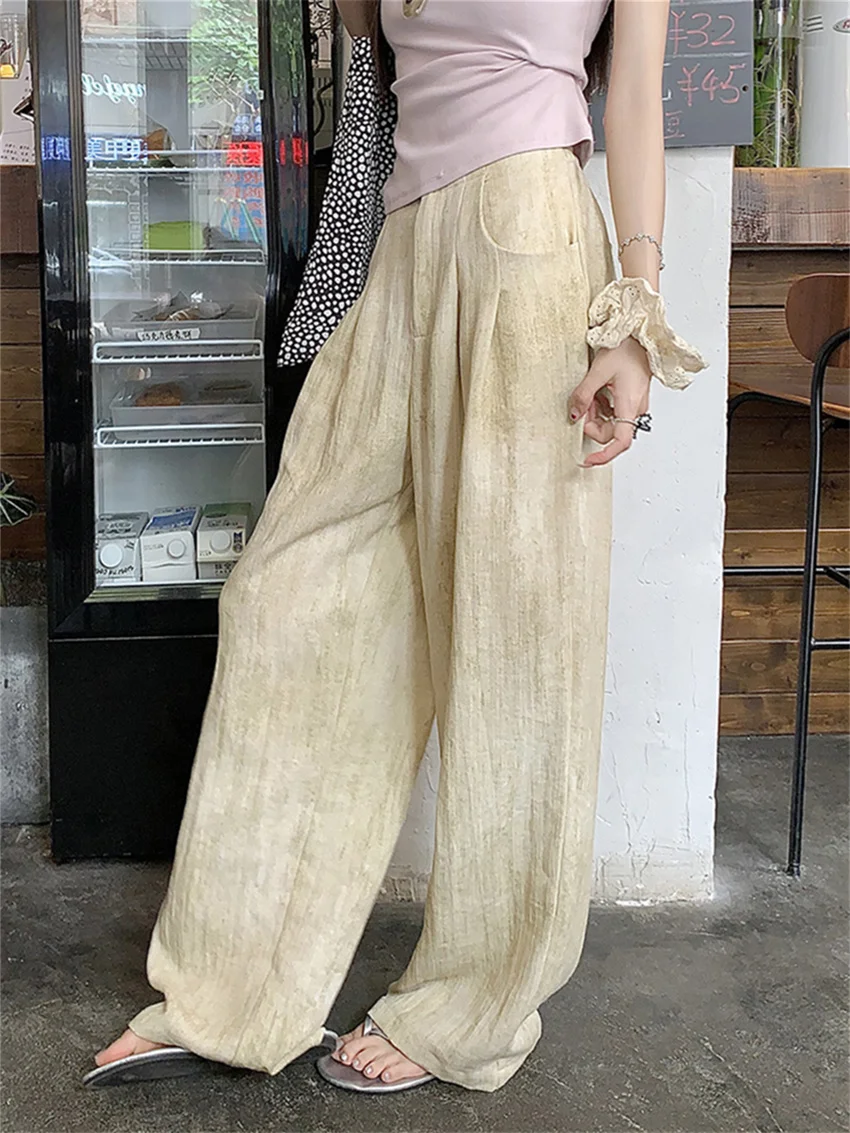 

PLAMTEE Summer Linen Pants Straight Loose Women Fashion Sunscreen 2024 Casual Minimalist Wide Leg All Match High Waist Solid