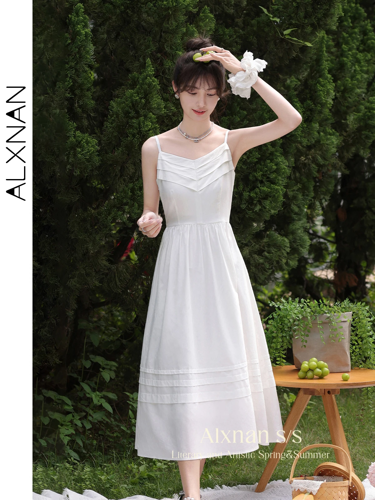 

ALXNAN Spaghetti Strap Midi Dresses for Women 2024 Summer New Elegant Gentle Simple A-line French Suspender Dress Lady L36202