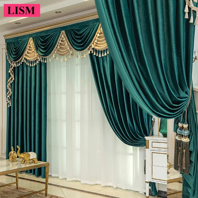 

Custom High-end European Blackout Velvet Curtains Villa Living Room Bedroom Floor-to-ceiling Windows Valance Peacock Blue Cloth