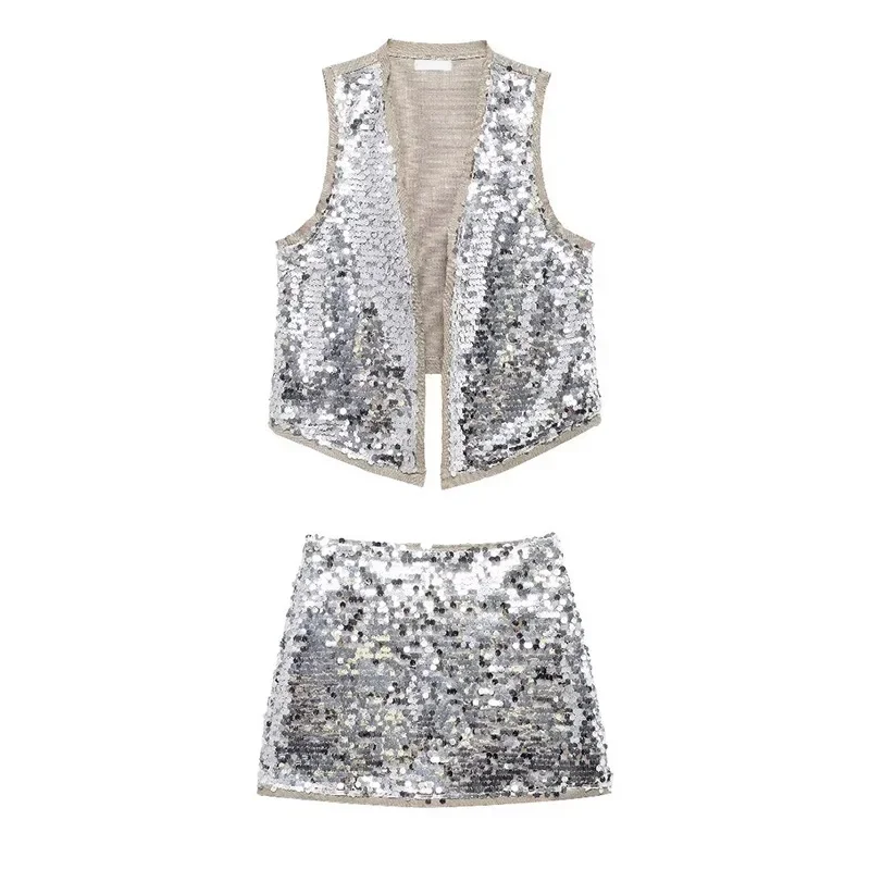 Sleeveless vest top sequin skirt suit 2024 Europe and the United States new women\'s fashion personality street wear