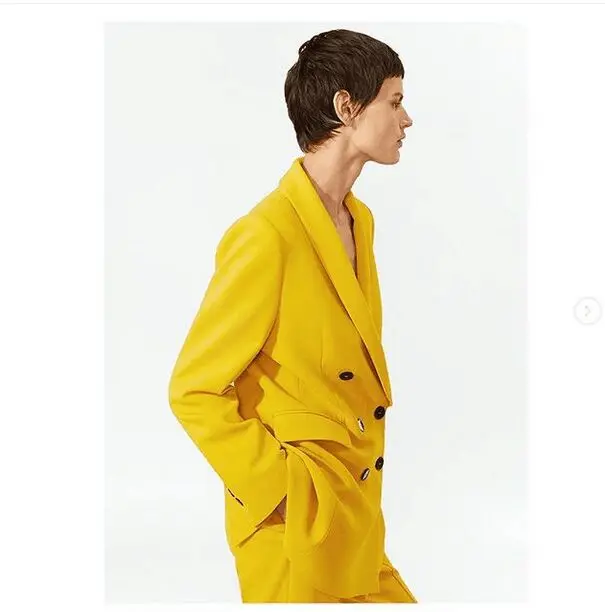  Tesco Fashion Women Suit Blazer Yellow Double Breasted Jacket Autumn Winter Formal Coat Loose Casual Female Suit blazer mujer