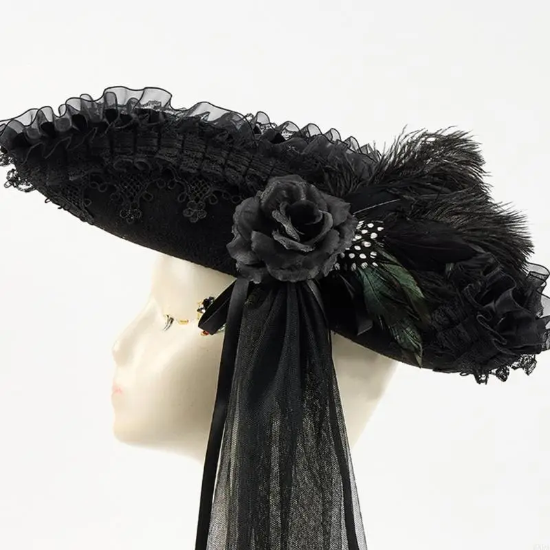 18th Century Pirate Captain Tricorn Hat With Adjustable Lace And Long Veil For Colonial Costume Halloween RolePlay Game 6XDA