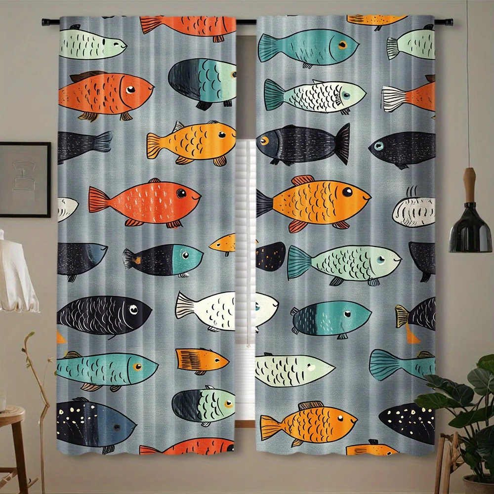 Colorful Fish Pattern Curtain, Cartoon Marine Animal Print Drape, Blue Ocean Style Window Treatment for Kids Room Bathroom Decor