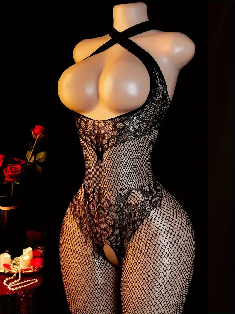 Sexy Fishnet Hollow Lingerie Sets Women Cross Legged Crotchless Bodystockings Sling Hanging Neck Open Bras Underwear Body Suits
