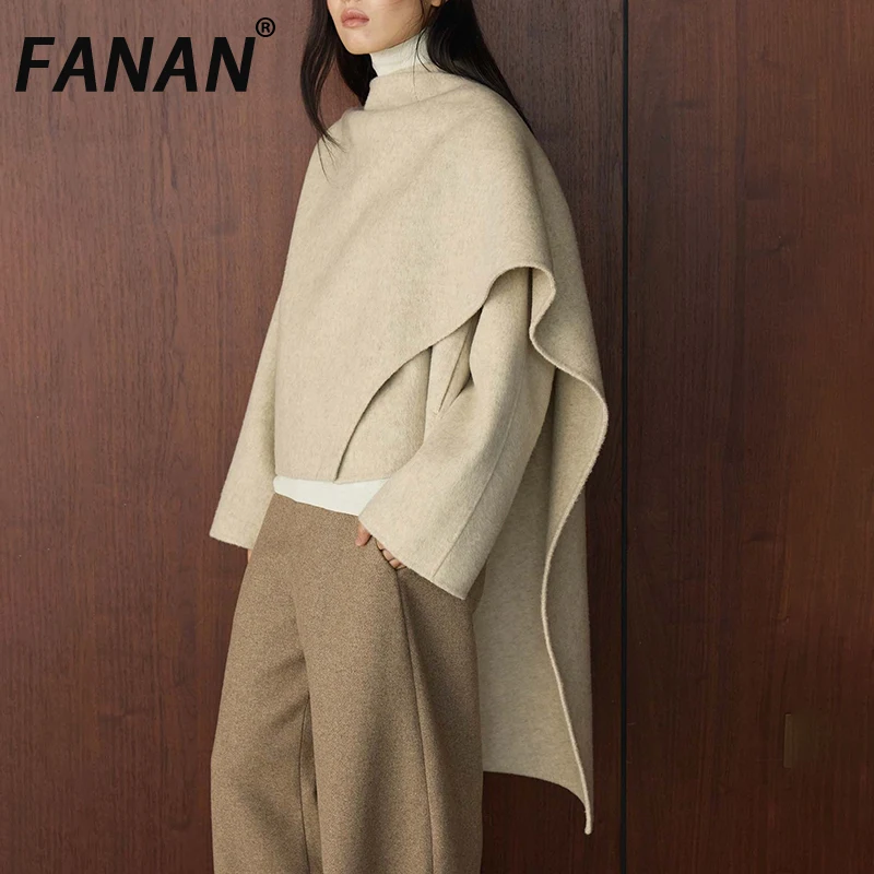

FANAN High End Double Sided Wool Coats Women's Irregular Scarf Design Thick Warm Short Jackets Office Lady Outwear Winter New